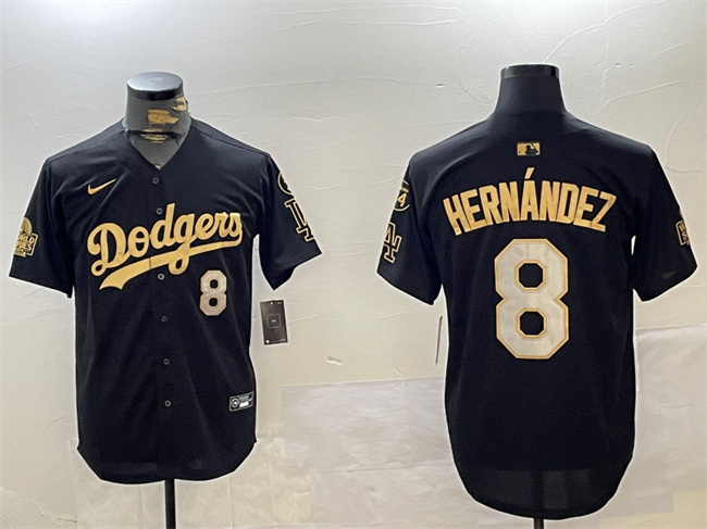 Men's Los Angeles Dodgers #8 Enrique Hernández Black/Gold 2024 World Series With Fernando Memorial Patch Limited Stitched Baseball Jersey Men's Los Angeles Dodgers #8 Enrique Hernández Black/Gold 2024 World Series With Fernando Memorial Patch Limited Stitched Baseball Jersey